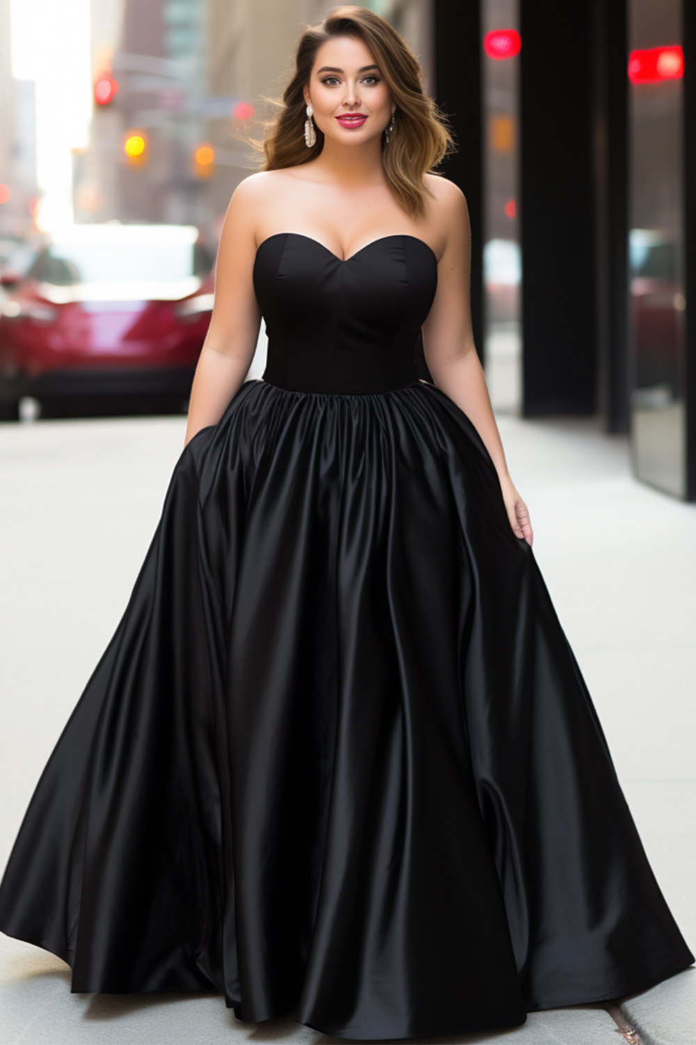 Flycurvy Plus Size Prom Black Satin Strapless Empire Waist Maxi Dress