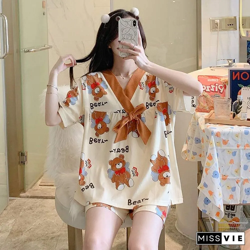 Cute Cartoon Bear Print T-shirt Shorts Pajamas Two Pieces Set