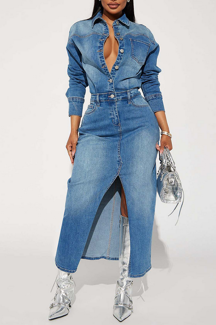 Denim Turndown Collar Long Bodycon Front Slit Midi Dresses-Blue