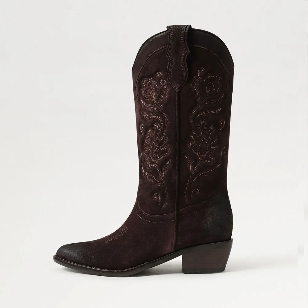 Faux Suede Mid Calf Embroidered Chocolate Brown Cowgirl Boots