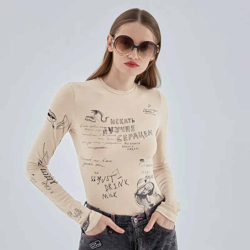 Uveng 2024 Women's Summer New Round-Neck Long-Sleeved Fashion Print Repair Uniform