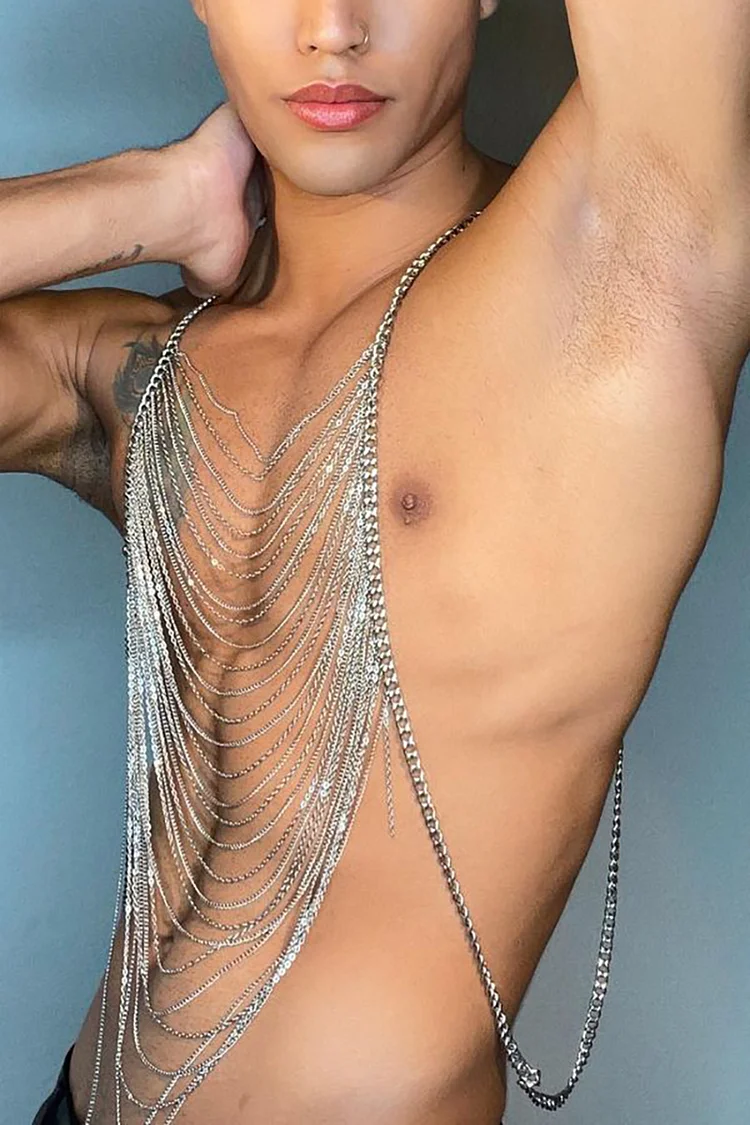 Metal Halter Hollow Out Multilayer Body Chain Silver Tank Top
