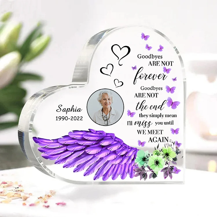 Purple Angel Wings-Personalized Memorial Acrylic Heart Keepsake Desktop Ornament-Goodbyes Are Not The End