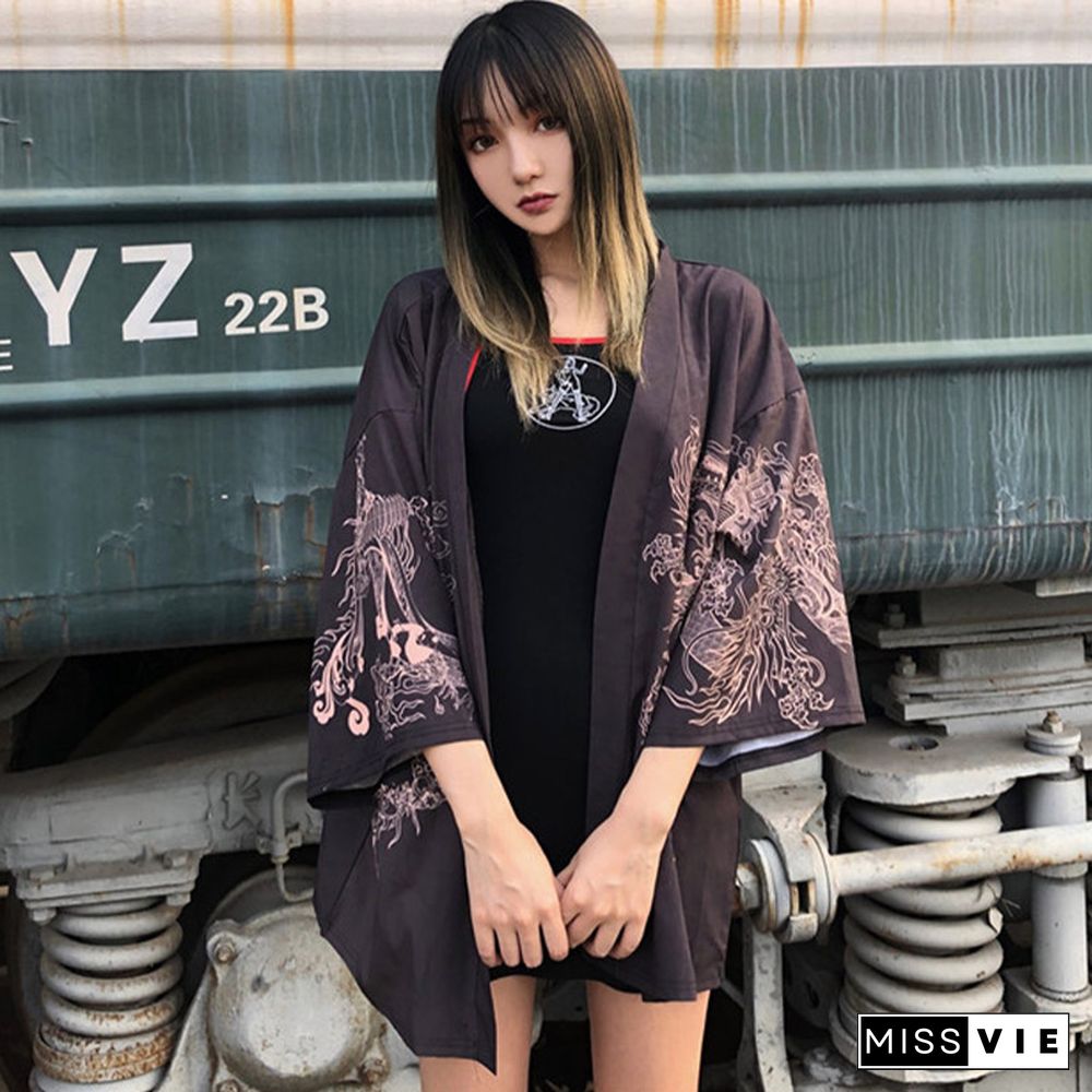 Vintage Dragon Print Kimono Outerwear