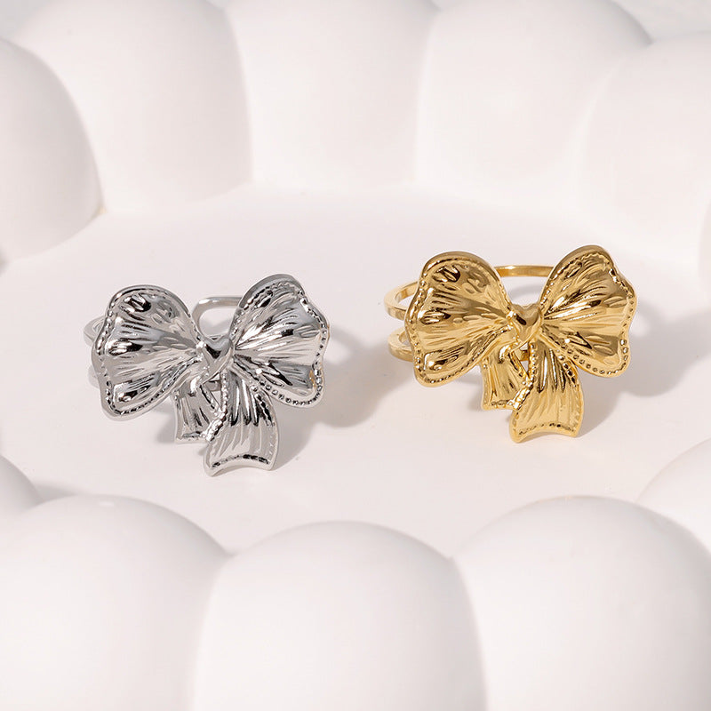 Simple And Versatile Open Ring Bow French Niche Stainless Steel Ring