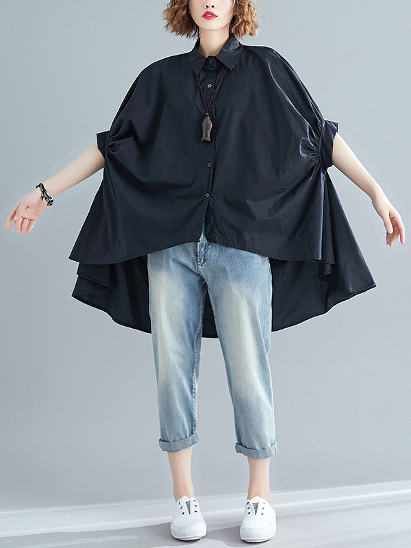 Bat Wing Sleeve Pleated Detail Irregular Hem Loose Solid Color Shirt