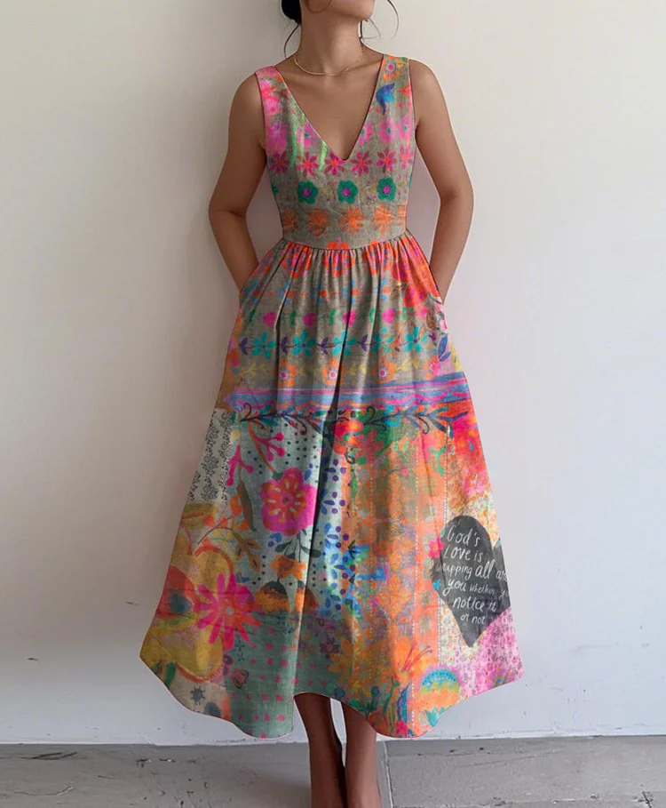 Elegant Bohemian Floral Print V Neck Sleeveless Dress