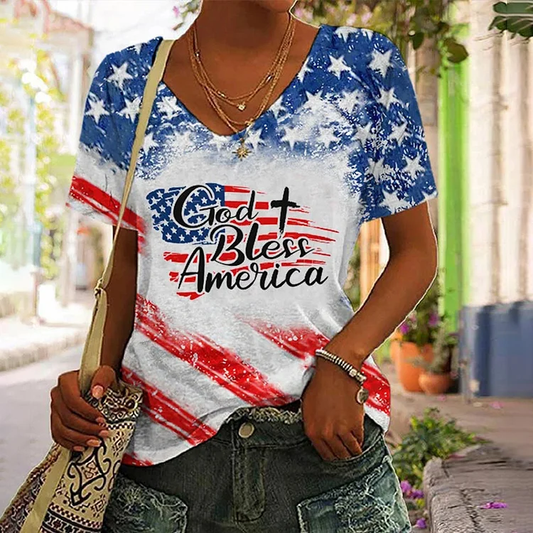 Comstylish Independence Day Dod Bless America Print T Shirt