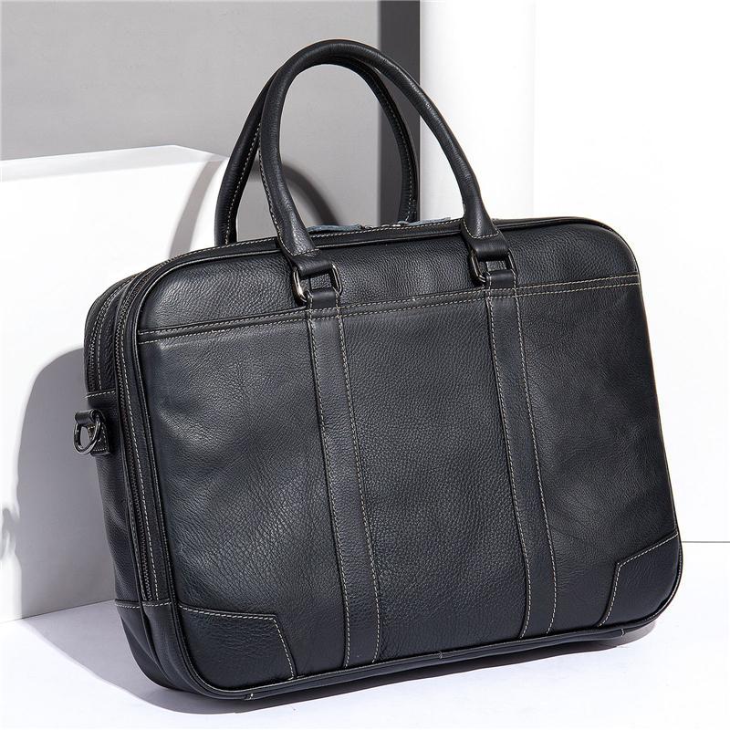 Fine Stitching Dual Top Handle Detachable Sling Strap Zip Top Genuine Leather Briefcase