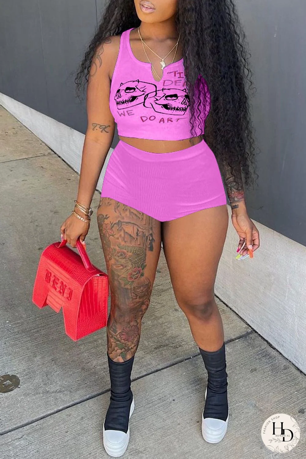 Black Casual Print Split Joint Spaghetti Strap Sleeveless Two Pieces