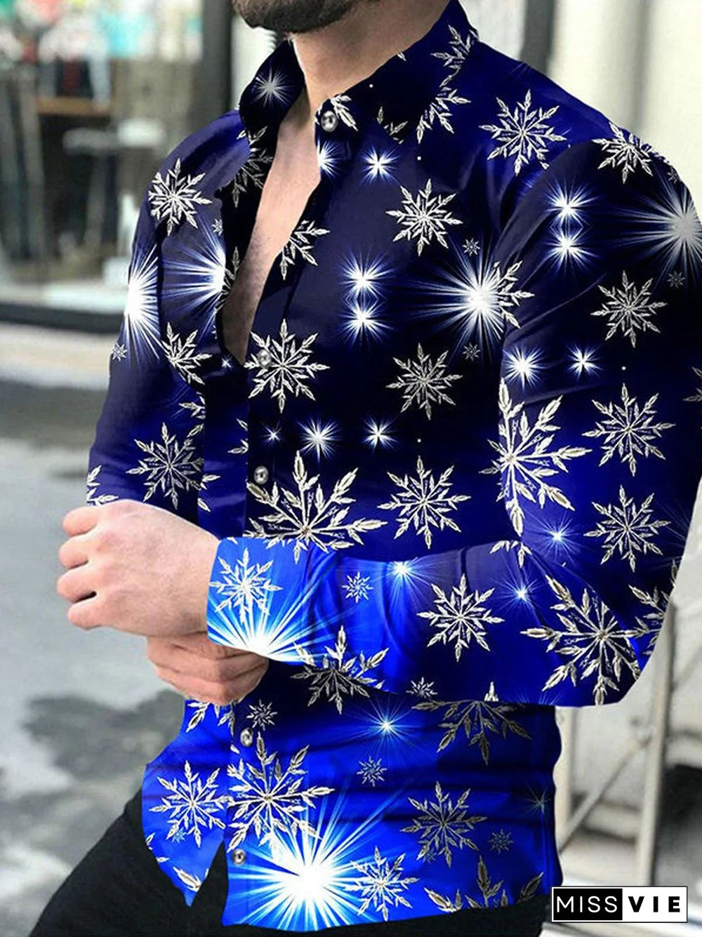 Men Long Sleeve V-neck Christmas Graphic Printed Buttons Shirts