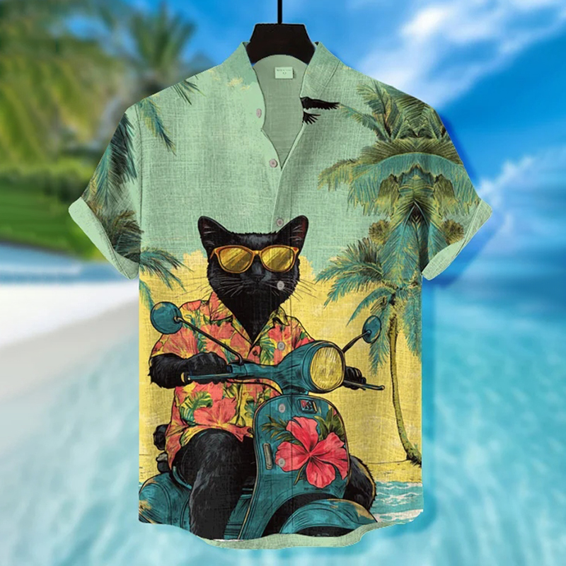 Men's Black Cat Riding Vespa Floral Print Short Sleeve Shirt
