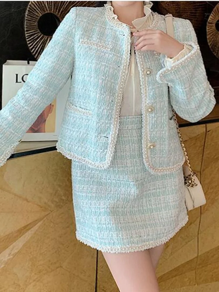 Brownm Runway 2021 Autumn Winter 2 Piece Set Elegant Plaid Tweed New Temperament Beading Jacket coat + tassel MIni Skirt Suit