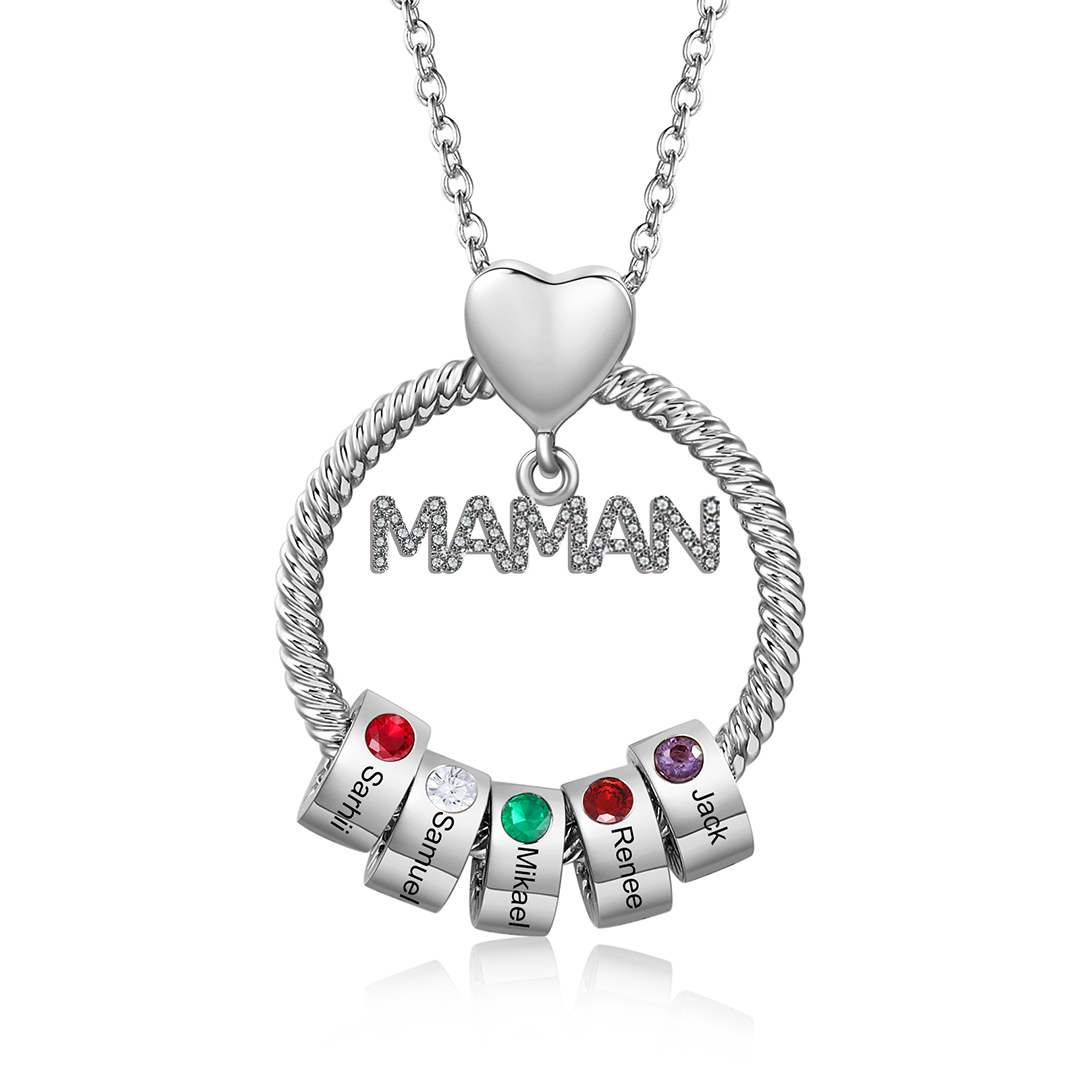 À ma Maman - Collier Pendentif 5 Prénoms Personnalisés avec Pierre de naissance