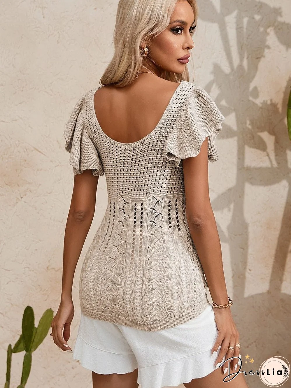 Beige Pointelle Knit Ruffle Sleeve Sweater for Chic Summer Styling