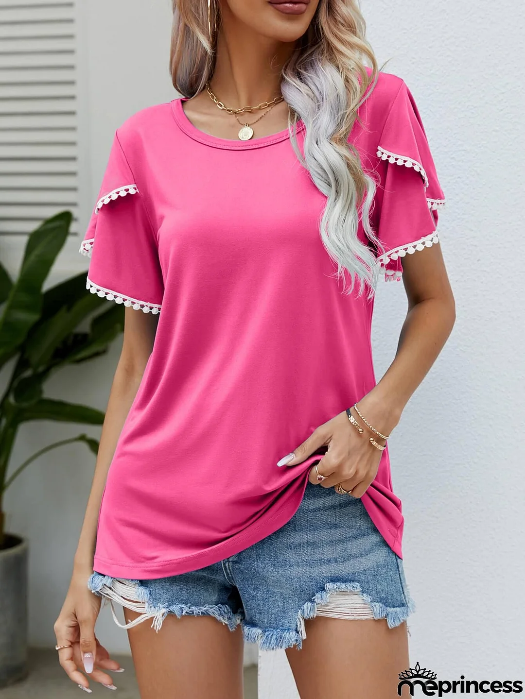 Pom-Pom Trim Flutter Sleeve Round Neck Tee