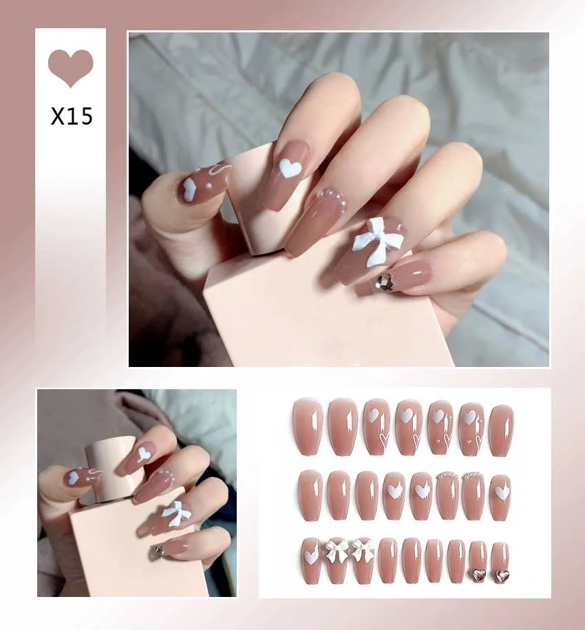 24Pcs/Set Nails Extension System Full Cover Coffin Medium Dripping Diamond Heart Shape Press on False Nail Tips-Nail Inspo