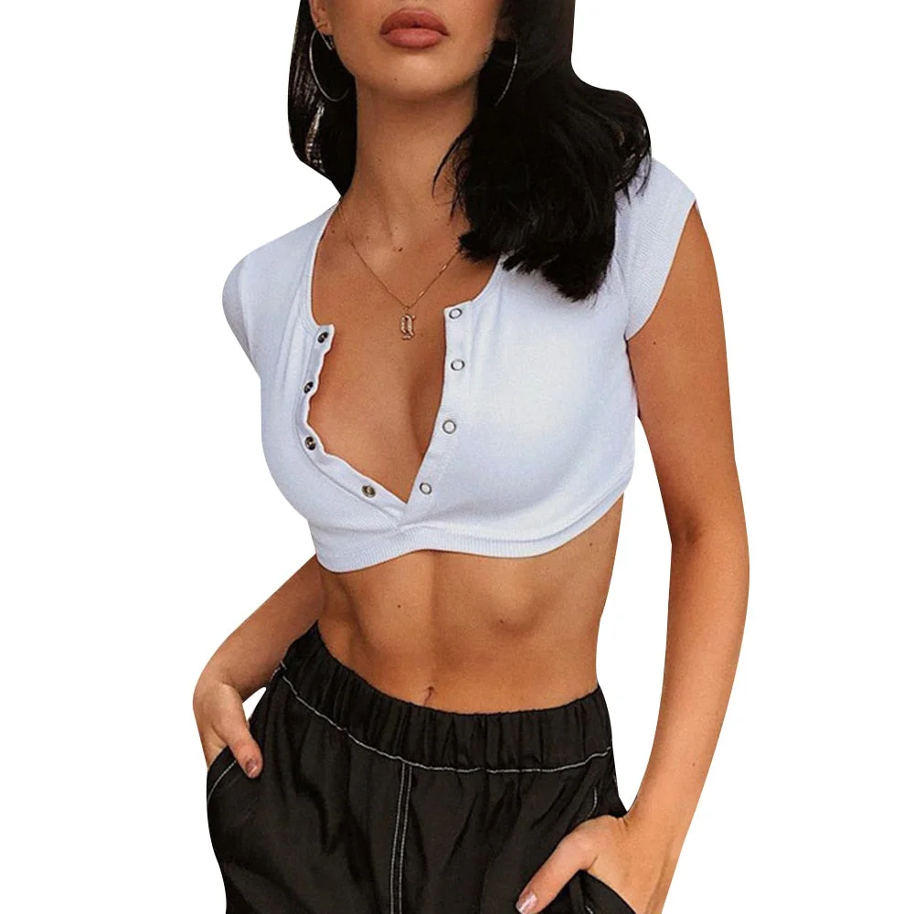 Summer Short Sleeve T-Shirts Women Solid Colour Sexy Tops Casual Slim Fit Tee Shirts Femme Button Knitted Tshirts Streetwear D30