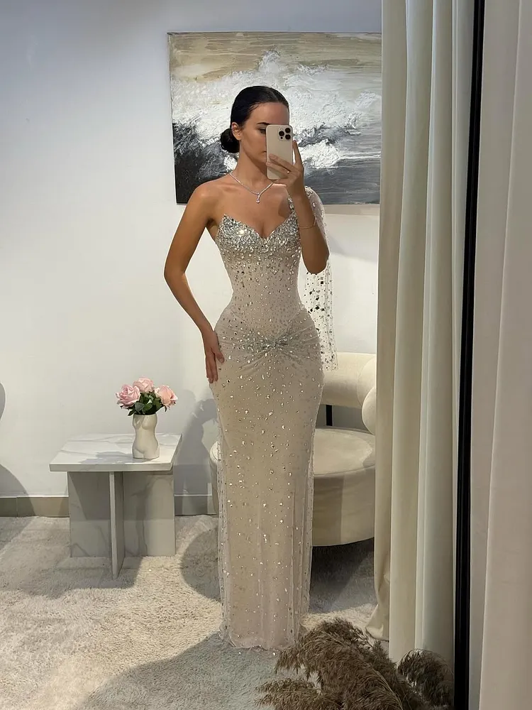  V-Neck One Shoulder Sleeveless Long Mermaid Pleated Prom Dress With Sequins Beadings | Champage Satin And Tulle CO0050