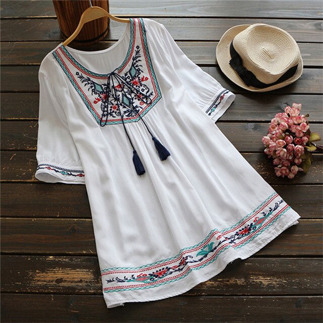 Summer Embroidery Women Short Sleeve Casual Tops