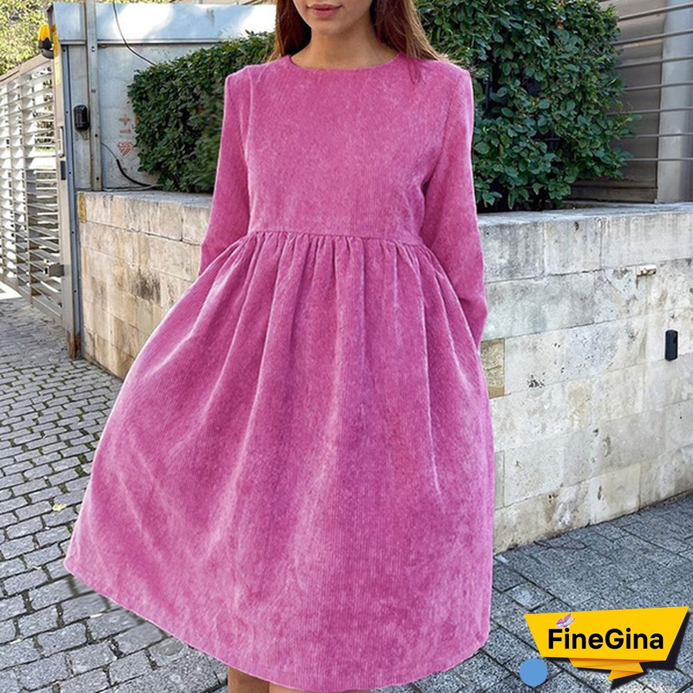 Women Corduroy Long Sleeve A Line Dress Plus Size Mini Tunic Dress