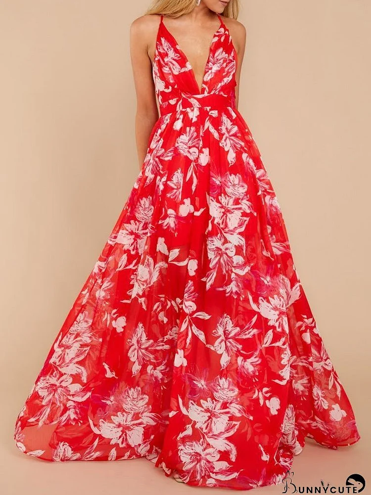Women's Dresses Deep V Neck Open Back Chiffon Dress