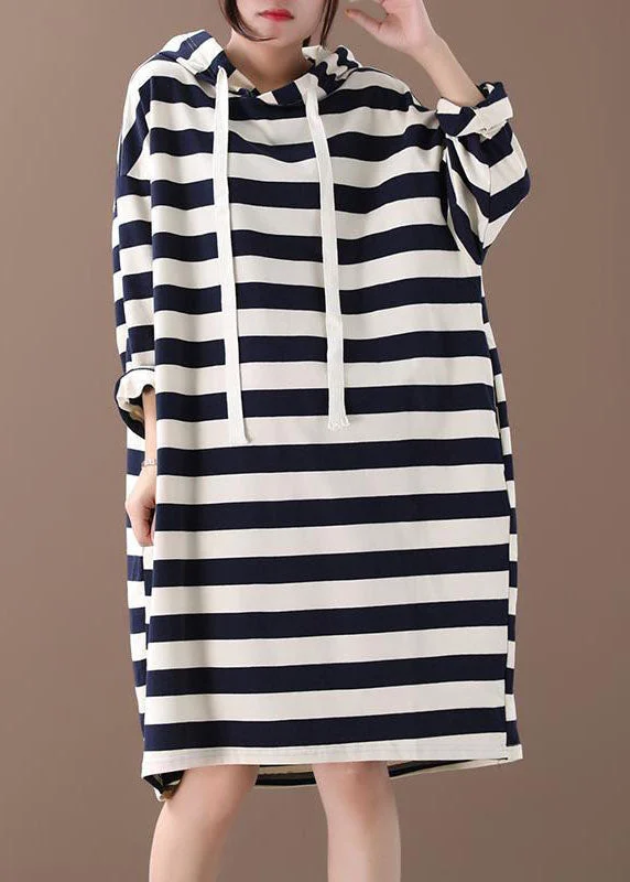 Chic Hooded Striped Cotton Sweatshirt Street wear dress Spring