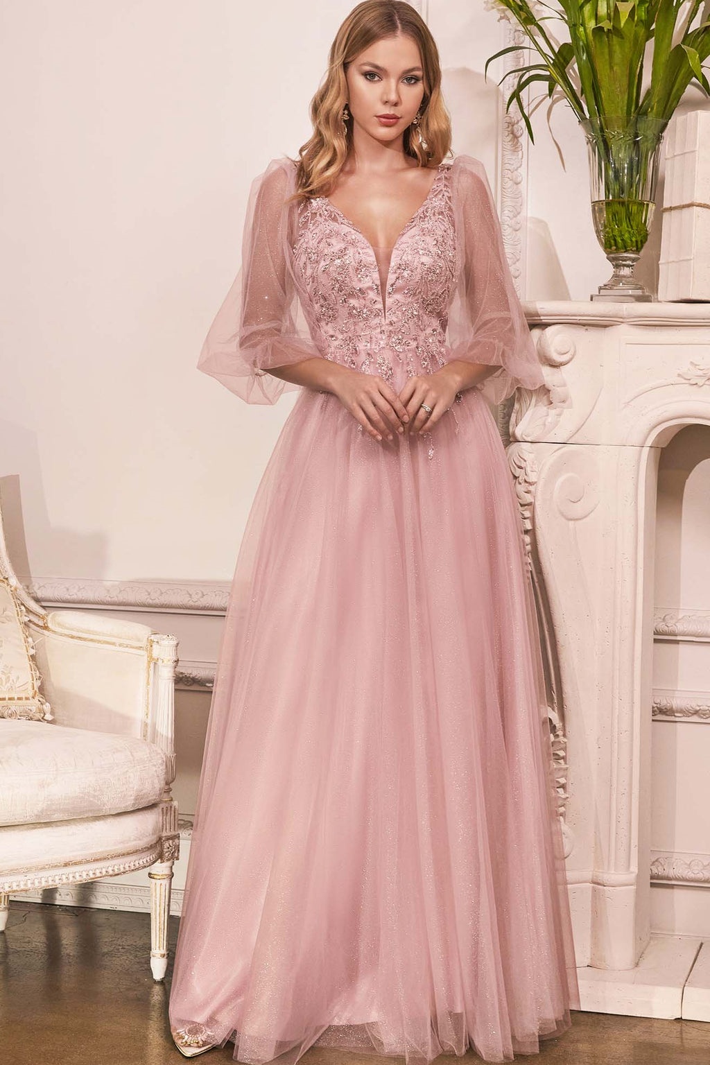 Ovlias Exquisite Pink Short sleeve Applique Rhinestone Layered Evening Dress LY0667