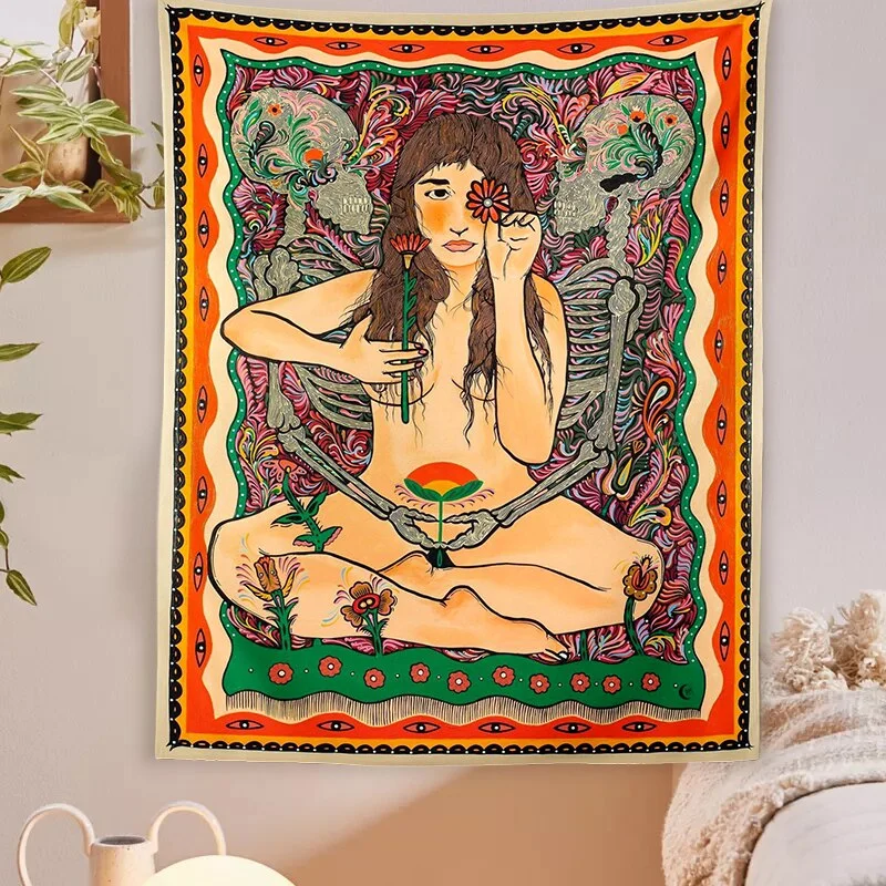 Skull Lover Tapestry Sexy Nude Women Tapestry Colorful Flower Moon Star Tapestry Wall Hanging Aesthetic Room Wall Decor Art