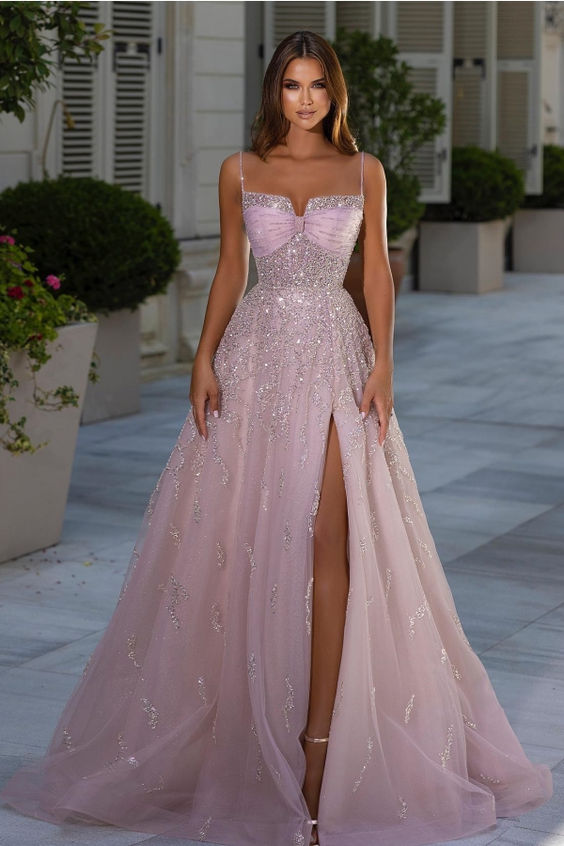 A Line Pink Spaghetti Strap Prom Dress Sleeveless  Appliques With Split | Risias