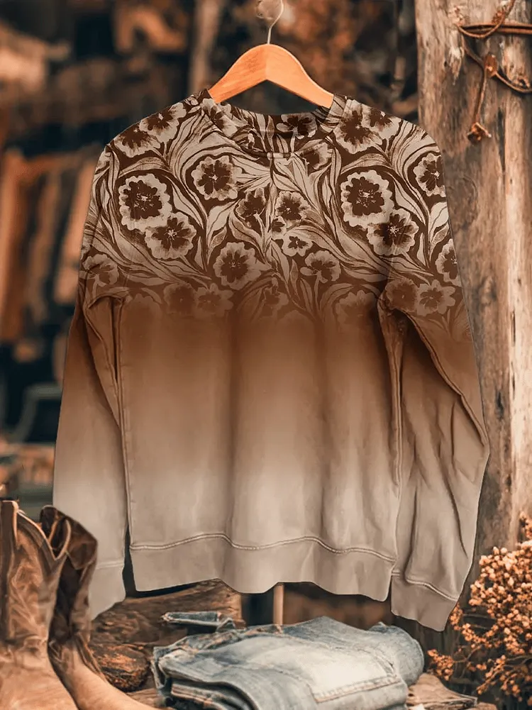 Women's Western Retro Flowers Print Sweatshirt 