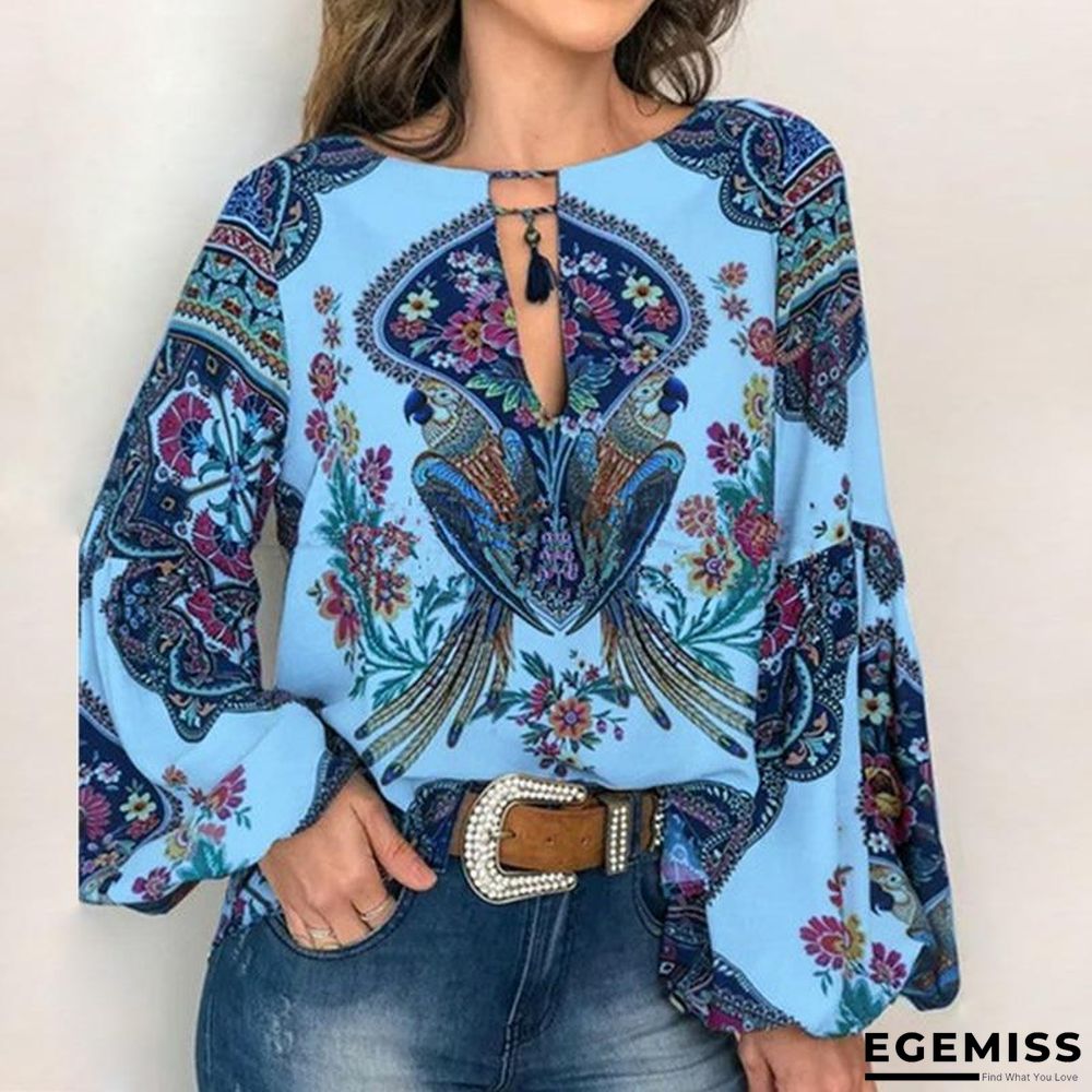 5XL Boho Floral Print Lantern Sleeve Shirt Sexy Lace-up Tassel O Neck Women Tops Blouse | EGEMISS