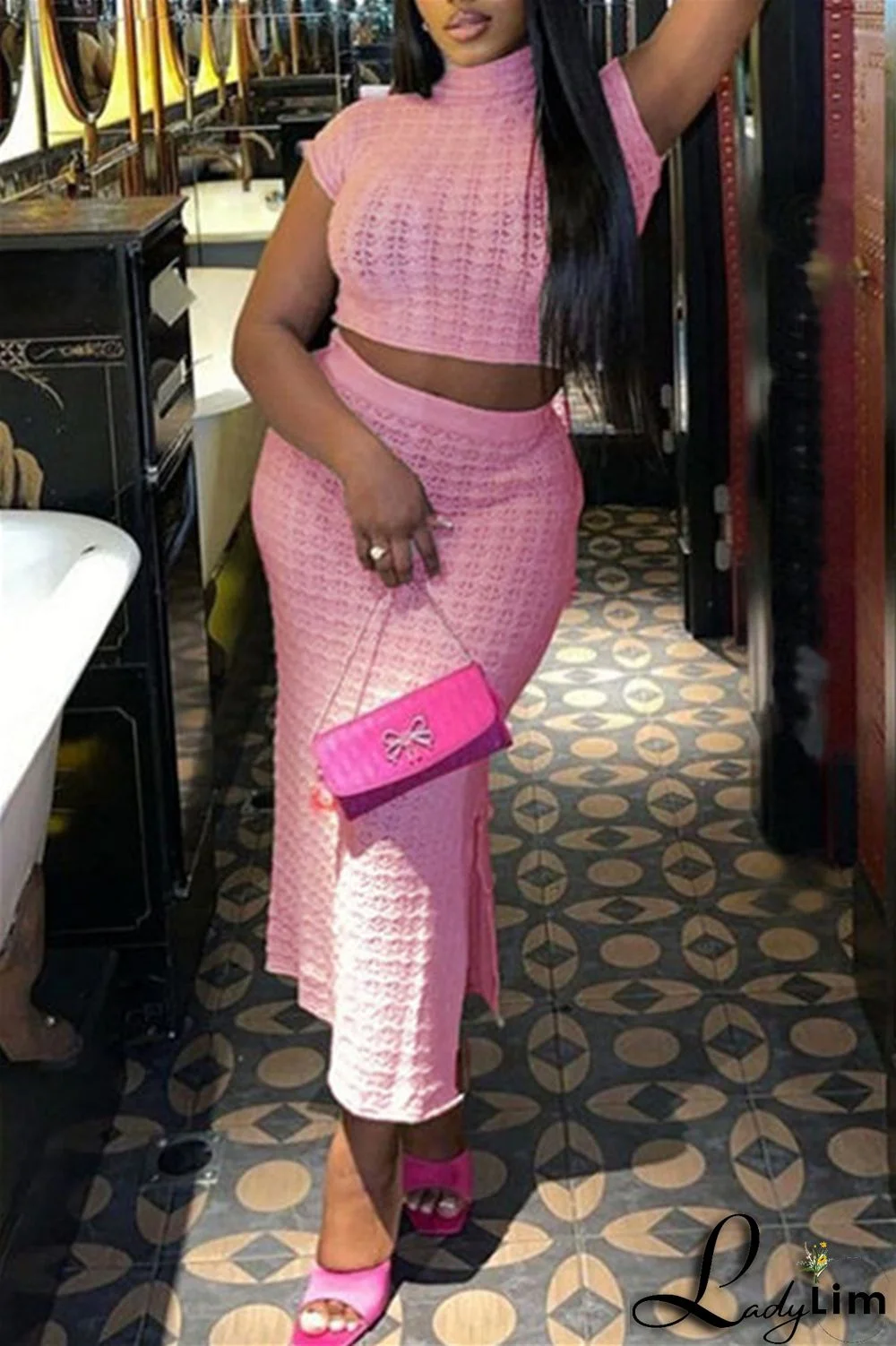 Pink Fashion Casual Solid Patchwork Slit Turtleneck Short Sleeve Two Pieces