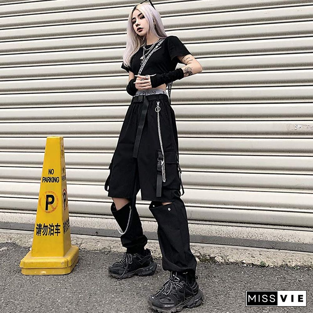 Casual Pants Chain Broken Hole Elastic Waist