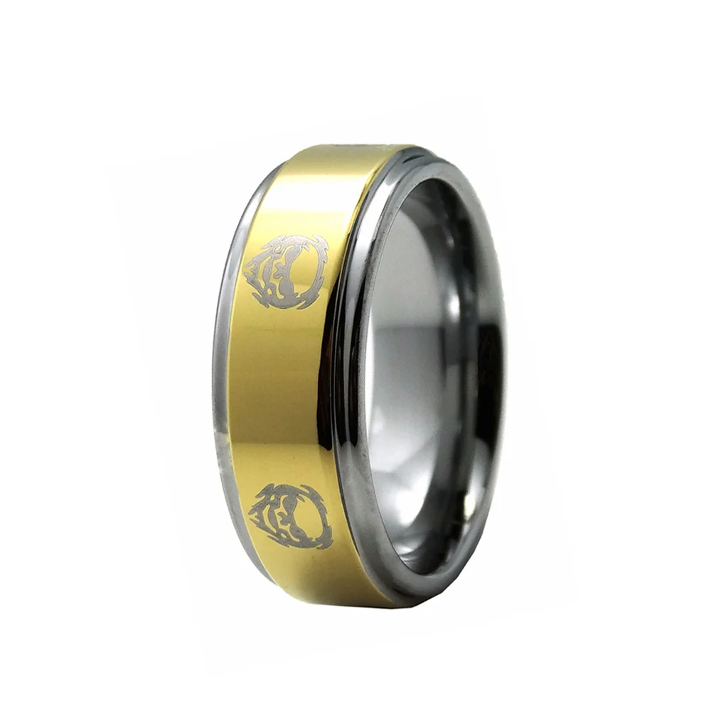 6MM 8MM Gold Tungsten Carbide Rings Skull Ghost Laser Pattern Step Edge Men