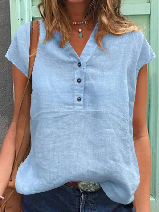 Women's Casual Solid Color Button V-Neck Cotton Linen Shirt