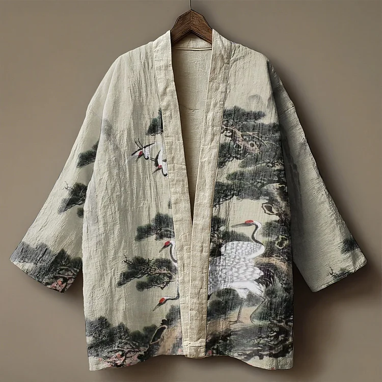Oriental Ink Painting Art Embroidery Linen Kimono Cardigan