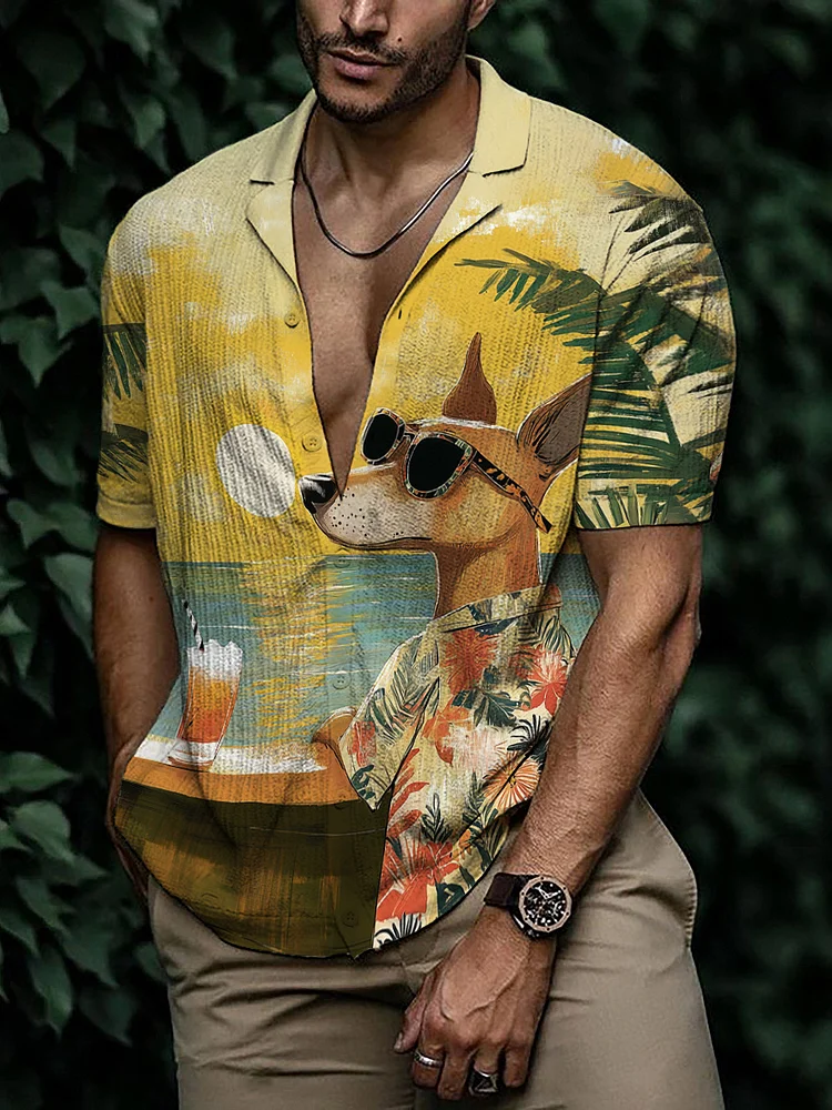 Men's Sunset Scenery Dog Vacation Style Print Short Sleeve Shirt