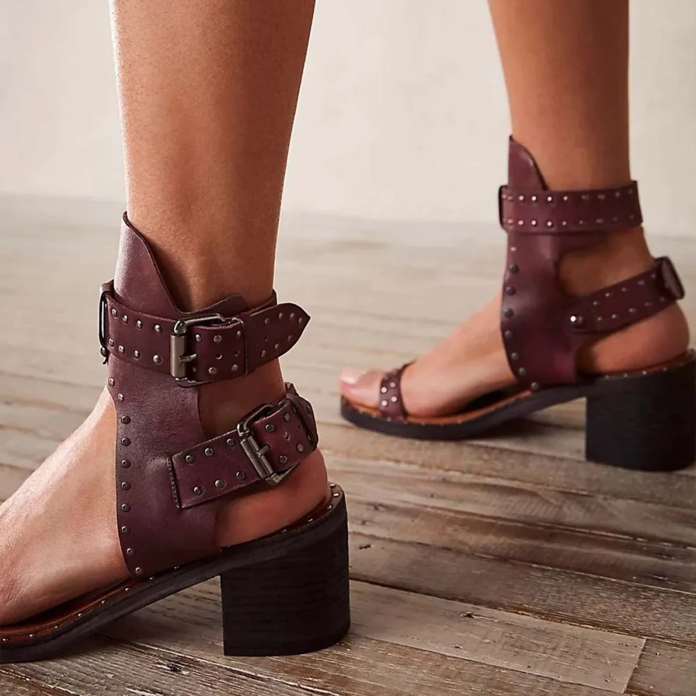 Dark Purple Sandals Ankle Strap Buckle Shoes Studded Chunky Heels Nicepairs