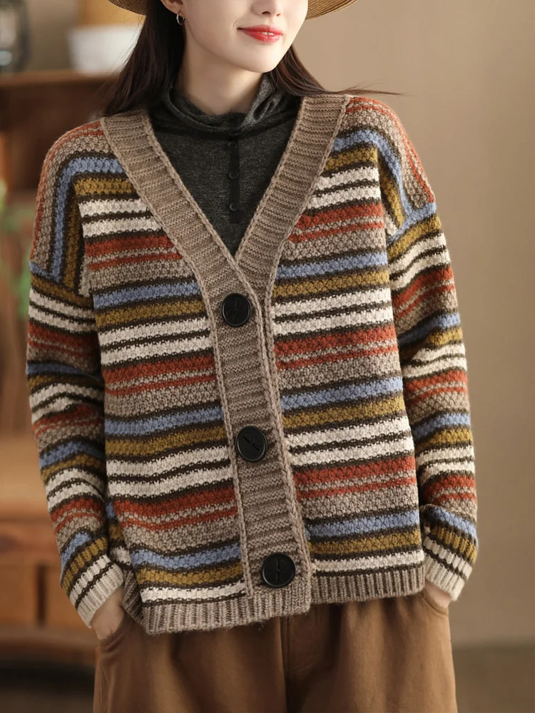 Women Vintage Colorful Stripe Jacqaurd Wool Sweater Coat