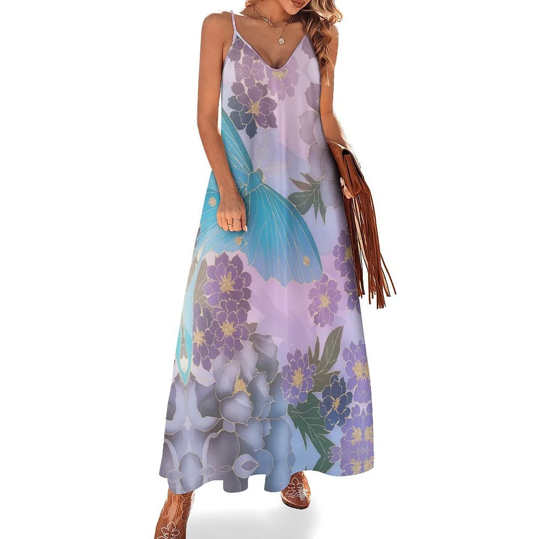 Style & Comfort for Mature Women Plus Size Printed Sling Casual Women Maxi Dress in Pattern Butterfly, Purple, Blue