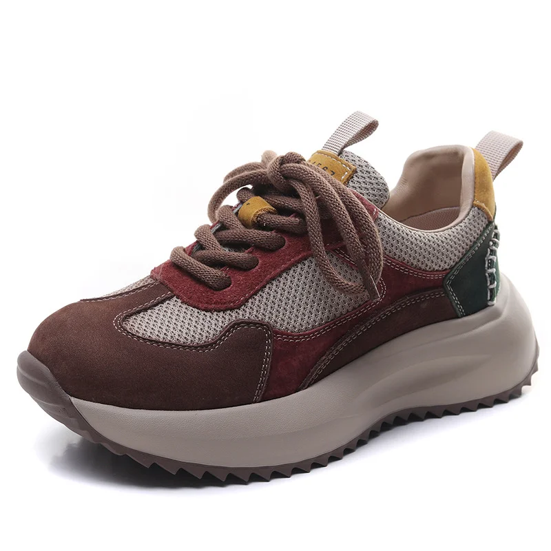 Yyvonne Leather Thick-Soled Fork Forrest Shoes Women's Spring And Autumn New Comfortable Old Dad Shoes Net Breathable Sports Casual Shoes