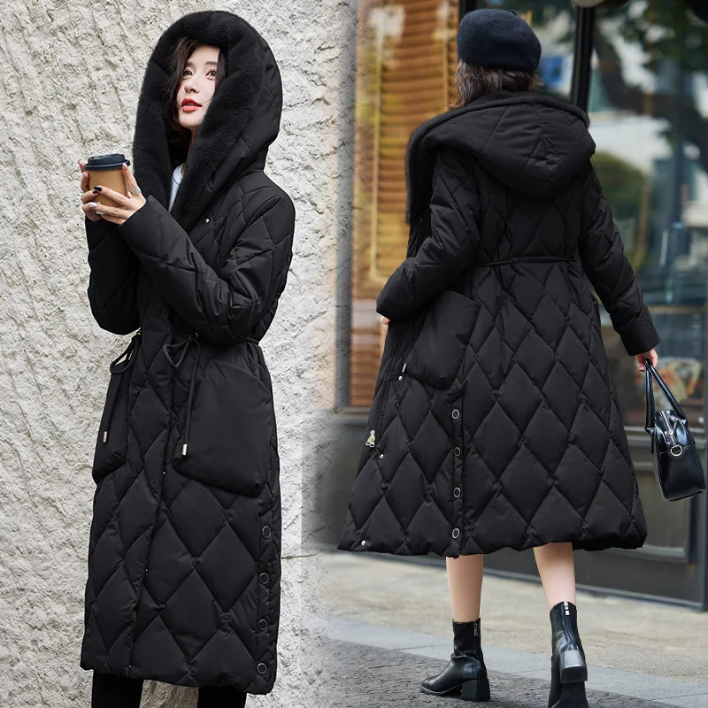 Woherb 2024 New Diamond Lattice Loose Waist Down Cotton-Padded Coat Female Long Money Over The Knee Thick Cotton-Padded Jacket Winter Cotton-Padded Coat-Outfit Ideas