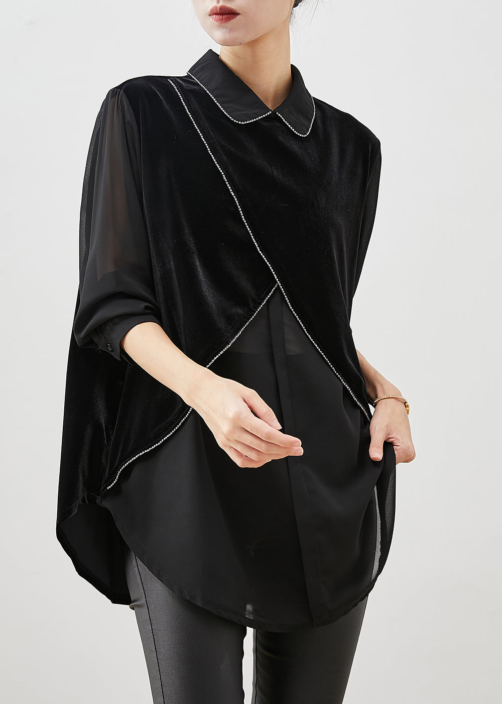 VCSHOES Black Asymmetrical Patchwork Silk Velour Blouses Spring