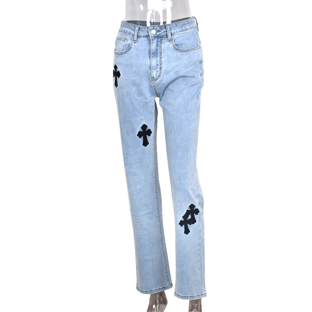 Women's Embroidered Mid-rise Button Zipper Pocket Street Fashion Jeans