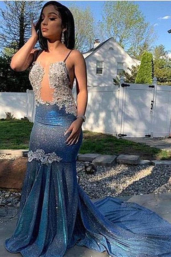 Blaue Spaghetti-Träger Mermaid Langes Abendkleid mit Pailletten PD0729 Lunass