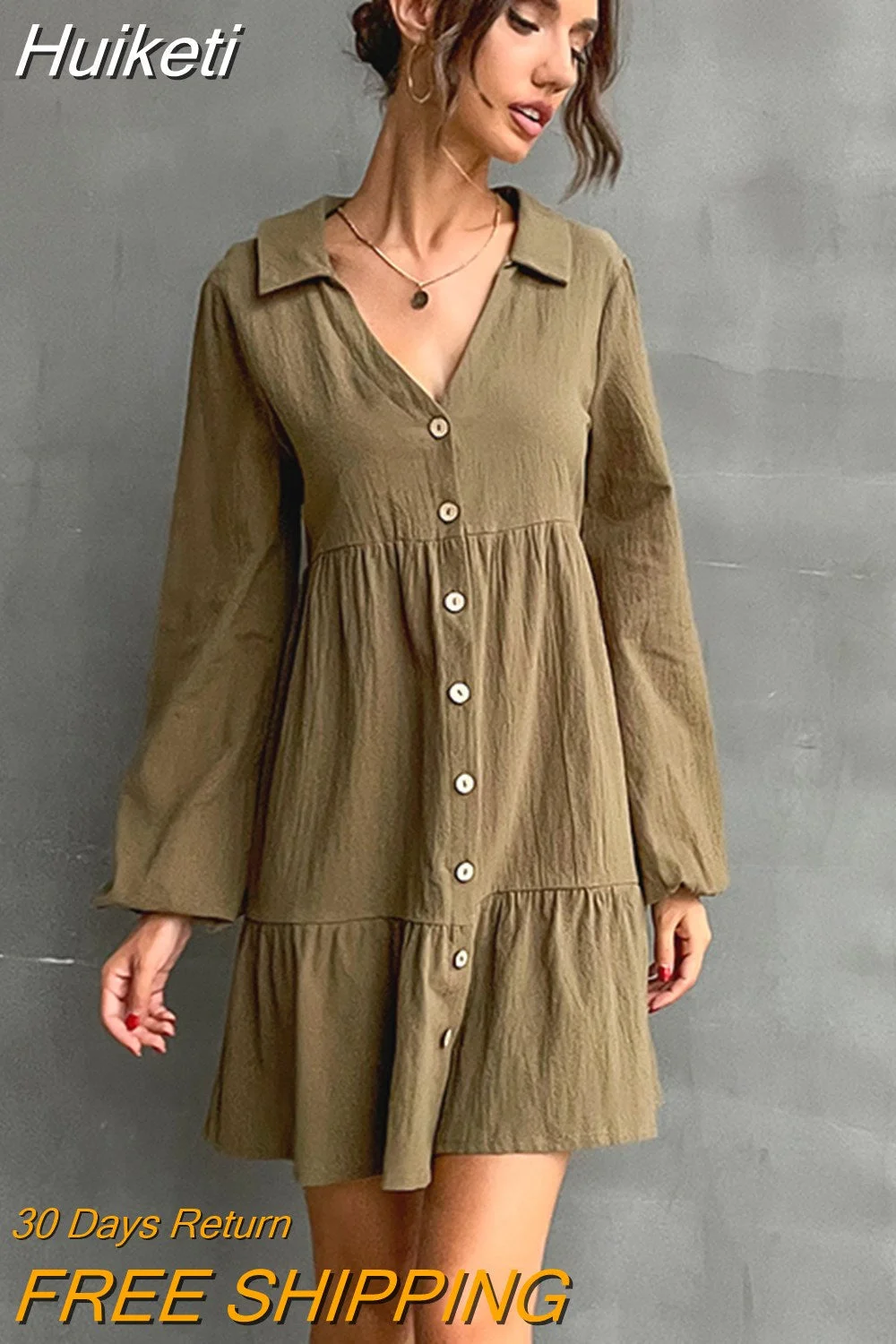 Huiketi Spring 2023 Women's New Lapel Collar Long Sleeve Pleated Solid Color Short Dress For Ladies Fashion Loose Dresses