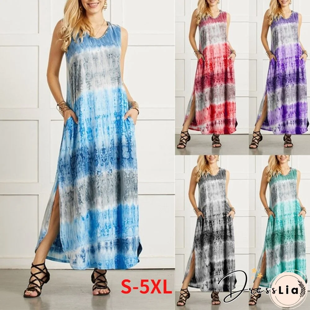 Womens Bohemia Sleeveless Maxi Dress Summer Casual Loose Tie Dye Printing Long Sundress Plus Size