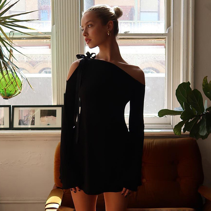 Ootddress Off-Shoulder Ruffled Bandage Mini Dress For Women Fashion Long Sleeve Patchwork Lace-Up Elegant Dress Female Solid Dress