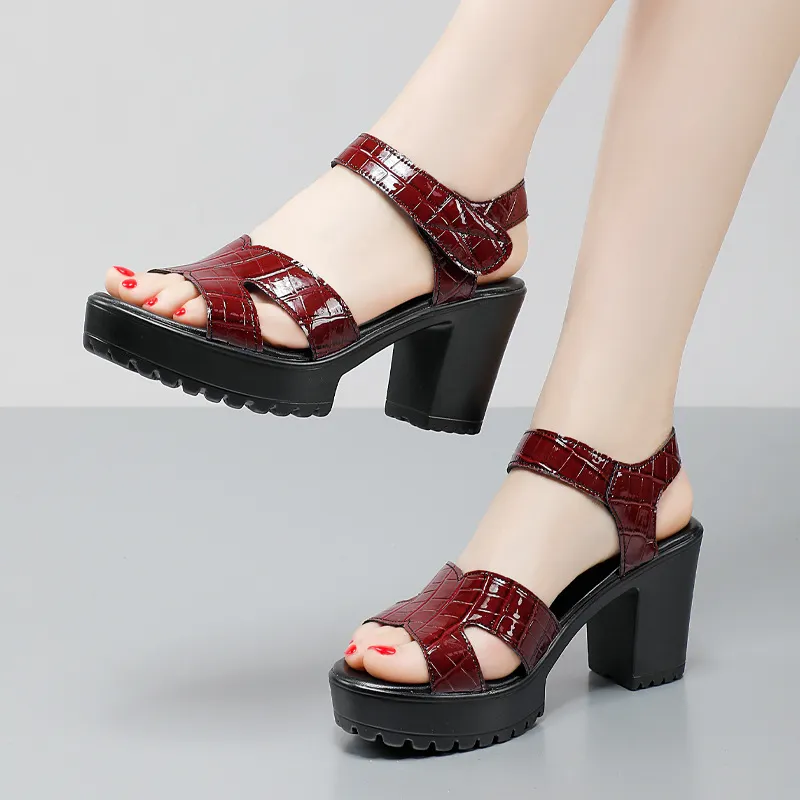 Breakj Breakj Leather High Heel Waterproof Sandals Women Fashion Crocodile Pattern Walking Shoes Summer Coarse Heel Magic Sticky H Women's Shoes
